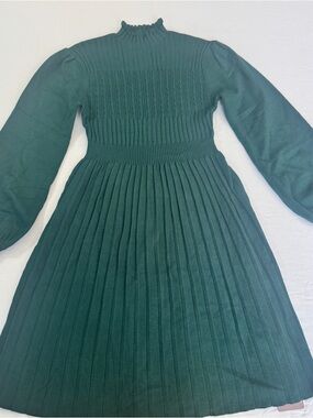 Girls' Deep Teal Pleated Knit Dress with Ruffled Neck